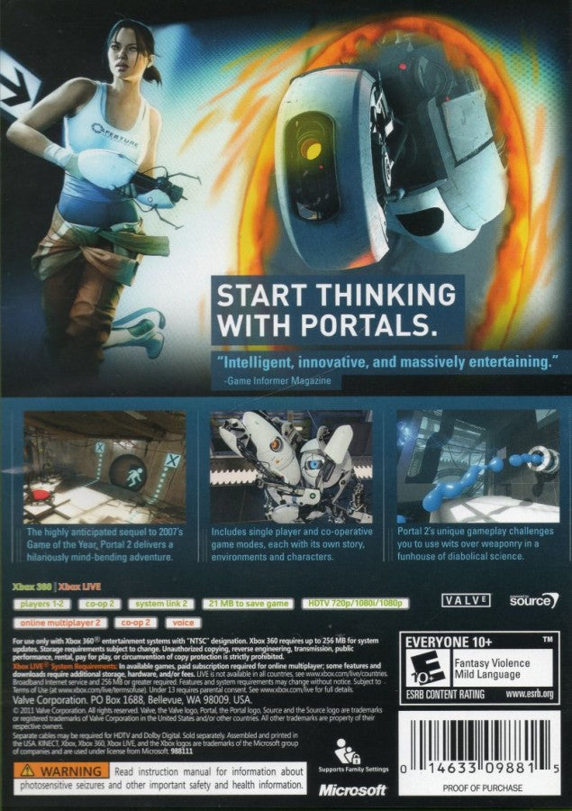 Portal 2 back cover art for Xbox 360 (X360) first-person puzzle platform video game