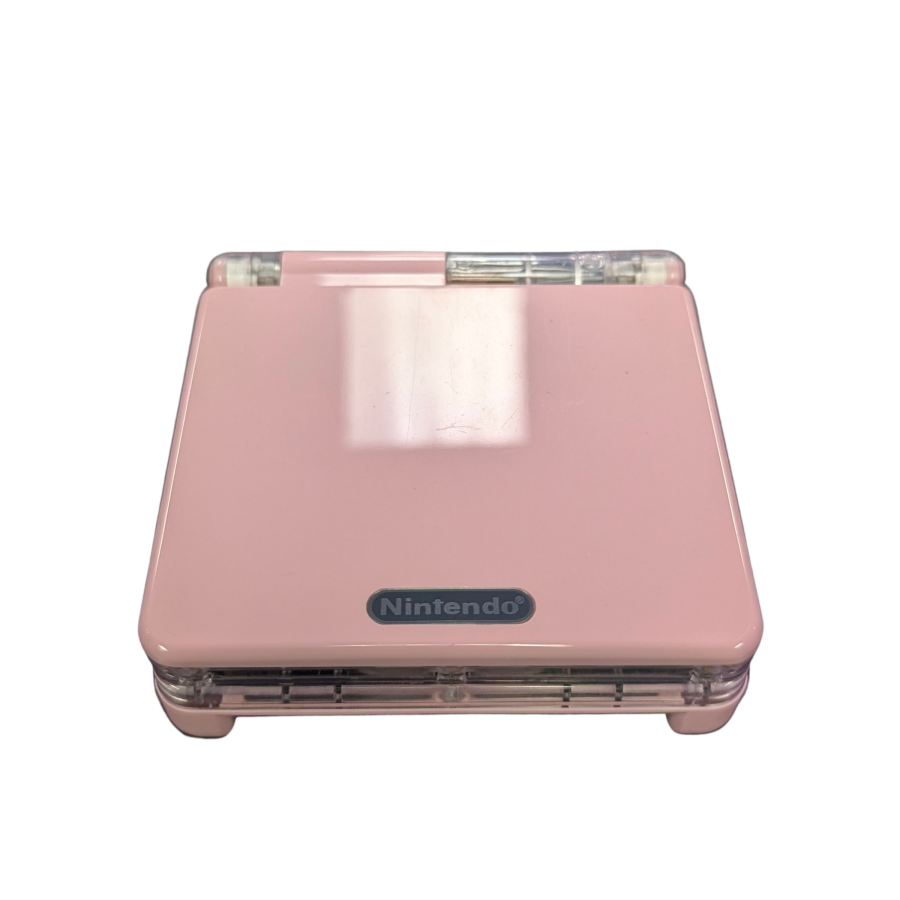 Game Boy Advance SP GBA SP handheld console custom pink shell replacement clamshell design backlit screen rechargeable battery Nintendo portable retro gaming front top