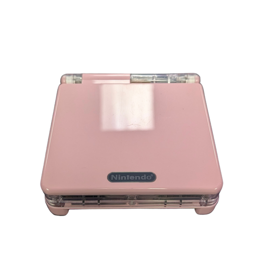 Game Boy Advance SP GBA SP handheld console custom pink shell replacement clamshell design backlit screen rechargeable battery Nintendo portable retro gaming front top