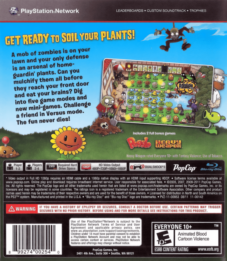 Plants vs Zombies back cover art for PlayStation 3 (PS3) video game