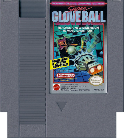Super Glove Ball Nintendo Entertainment System NES sports action video game featuring first-person ball control glove gameplay bouncing and deflecting balls against walls targets and obstacles fast-paced challenges skill-based action and classic Nintendo Entertainment System NES gameplay collectible retro gaming appeal game cartridge