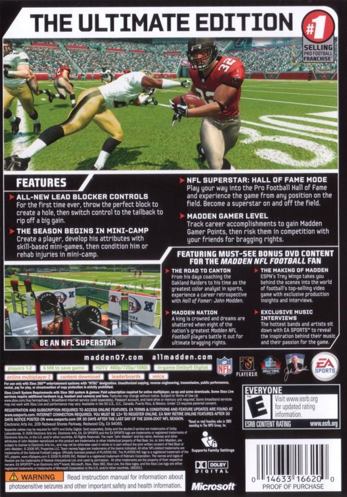 Madden NFL 07 Hall of Fame Edition Xbox 360 football game featuring official NFL teams and players enhanced running controls Franchise Mode Superstar Mode online multiplayer ESPN presentation and exclusive Hall of Fame content celebrating legendary NFL players in this special edition by EA Sports back cover