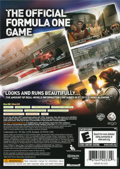 F1 2010 back cover art for Xbox 360 (X360) Formula One racing video game