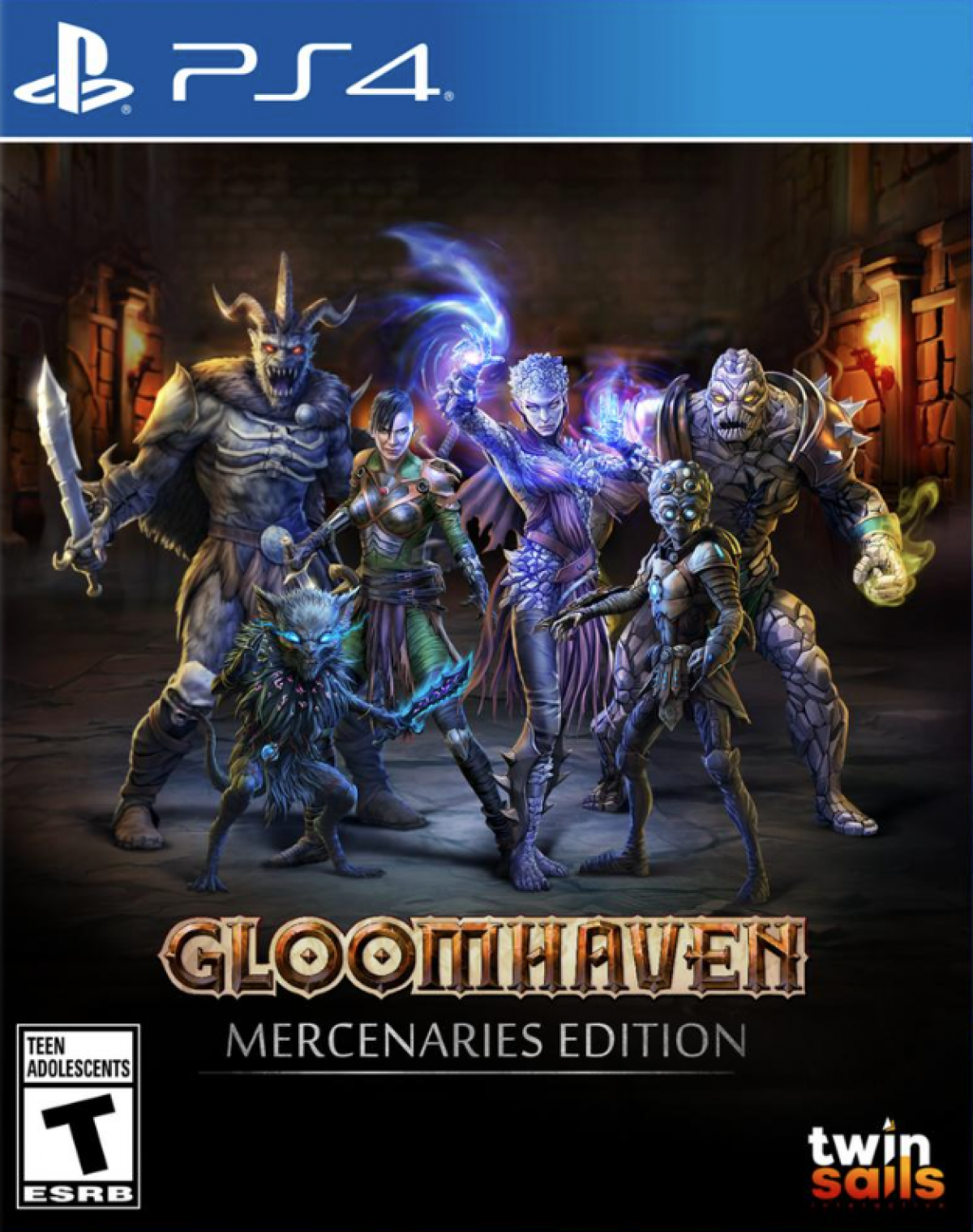 Gloomhaven: Mercenaries Edition – PlayStation 4 (PS4) video game cover image, tactical turn-based strategy RPG by Flaming Fowl Studios and published by Twin Sails Interactive
