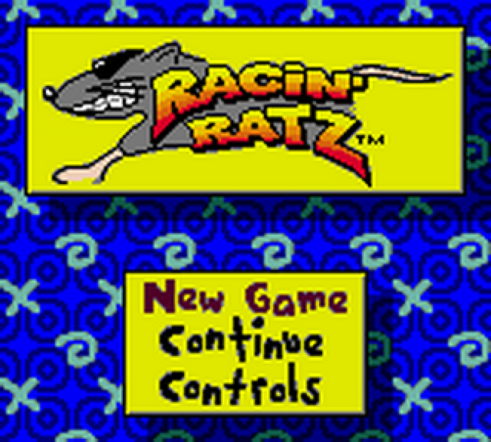 Racin Ratz Game Boy Color GBC video game featuring cartoon racing gameplay high speed kart racing colorful tracks competitive races character racing challenges and classic handheld action retro video game collection collectible gaming appeal start screen