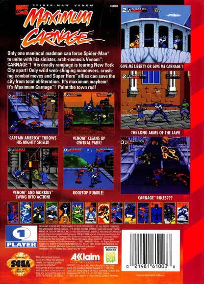 Spider-Man/Venom: Maximum Carnage [Red Cartridge] back cover art for Sega Genesis (GEN) video game