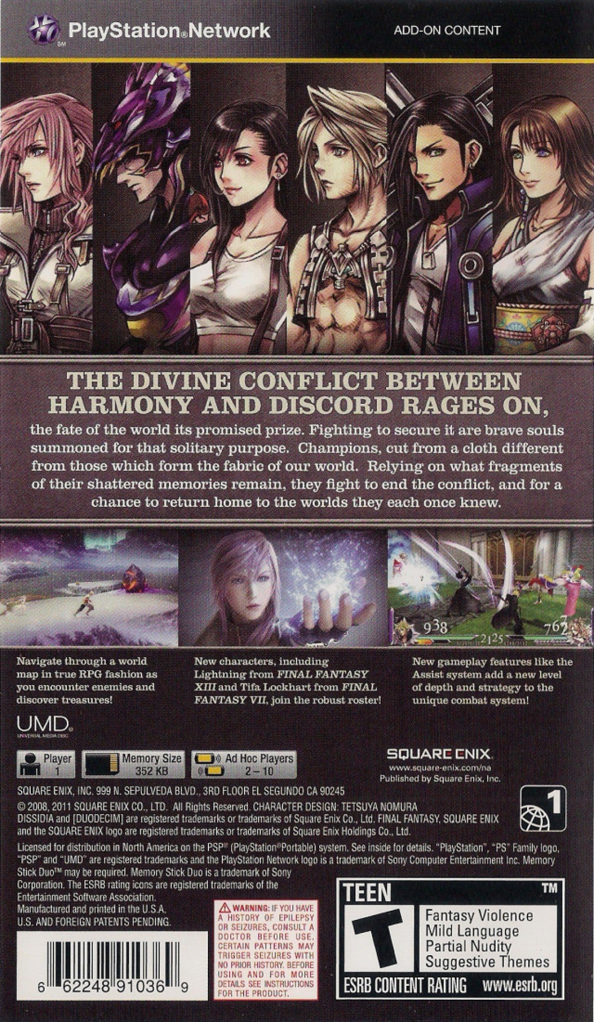 Dissidia 012 Duodecim Final Fantasy PlayStation Portable game featuring fast-paced crossover fighting gameplay with iconic Final Fantasy characters back cover