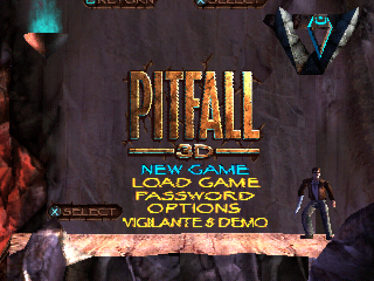 Pitfall 3D: Beyond the Jungle titlepage for PlayStation 1 (PS1) action-adventure video game