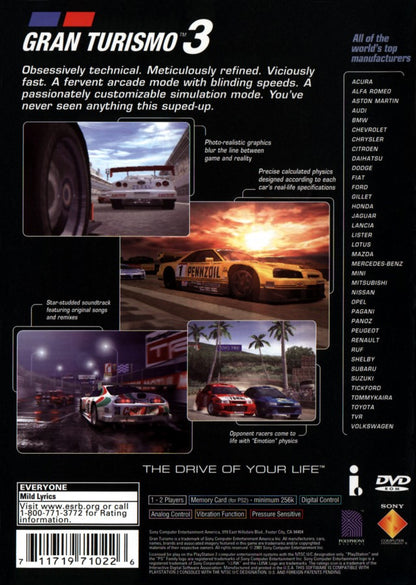 Gran Turismo 3 A-Spec [Greatest Hits] back cover art for PlayStation 2 video game. 