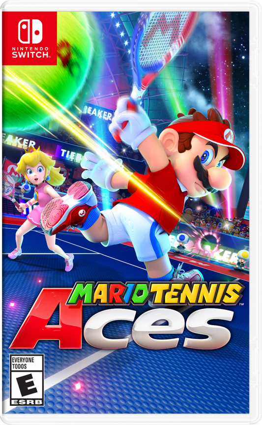 Mario Tennis Aces for Nintendo Switch (NS) featuring fast-paced tennis where Mario and friends use powerful Zone Shots and Special Shots to dominate the court; enjoy the return of a dedicated Story Mode and intense online tournaments in this strategic, high-energy sports title front cover