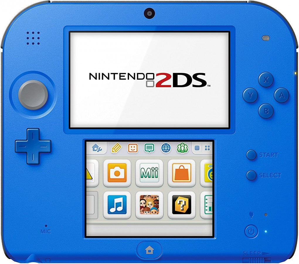 Electric Blue Nintendo 2DS console handheld gaming system blue color Nintendo 2DS hardware portable console dual screen touch screen stylus support backward compatible Nintendo DS games built in controls gaming device handheld system front of system