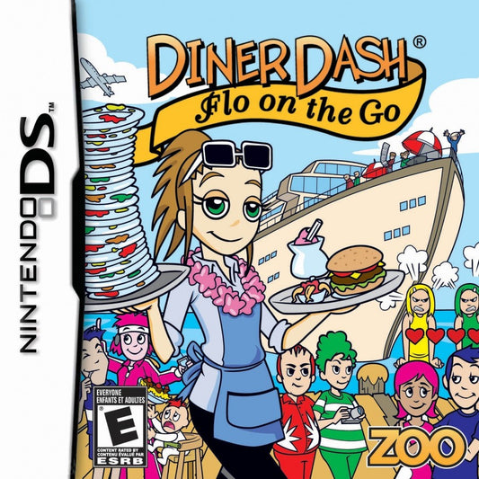 Diner Dash Flo on the Go Nintendo DS video game, time management puzzle gameplay, casual arcade fun, handheld console title front cover