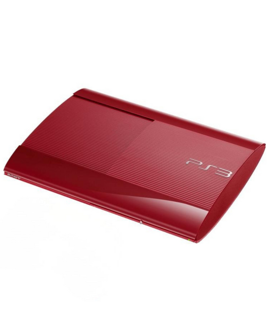 PlayStation 3 PS3 Super Slim System Red 500GB console for video game enthusiasts featuring original Sony gaming hardware vibrant red finish spacious 500GB hard drive built in Blu ray disc player wireless connectivity HDMI output PlayStation 3 game compatibility collectible gaming appeal front view