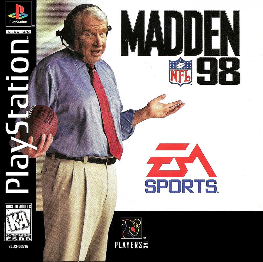Madden NFL 98 PlayStation 1 PS1 video game, American football sports simulation, classic Madden gameplay, franchise and multiplayer modes, console title front cover