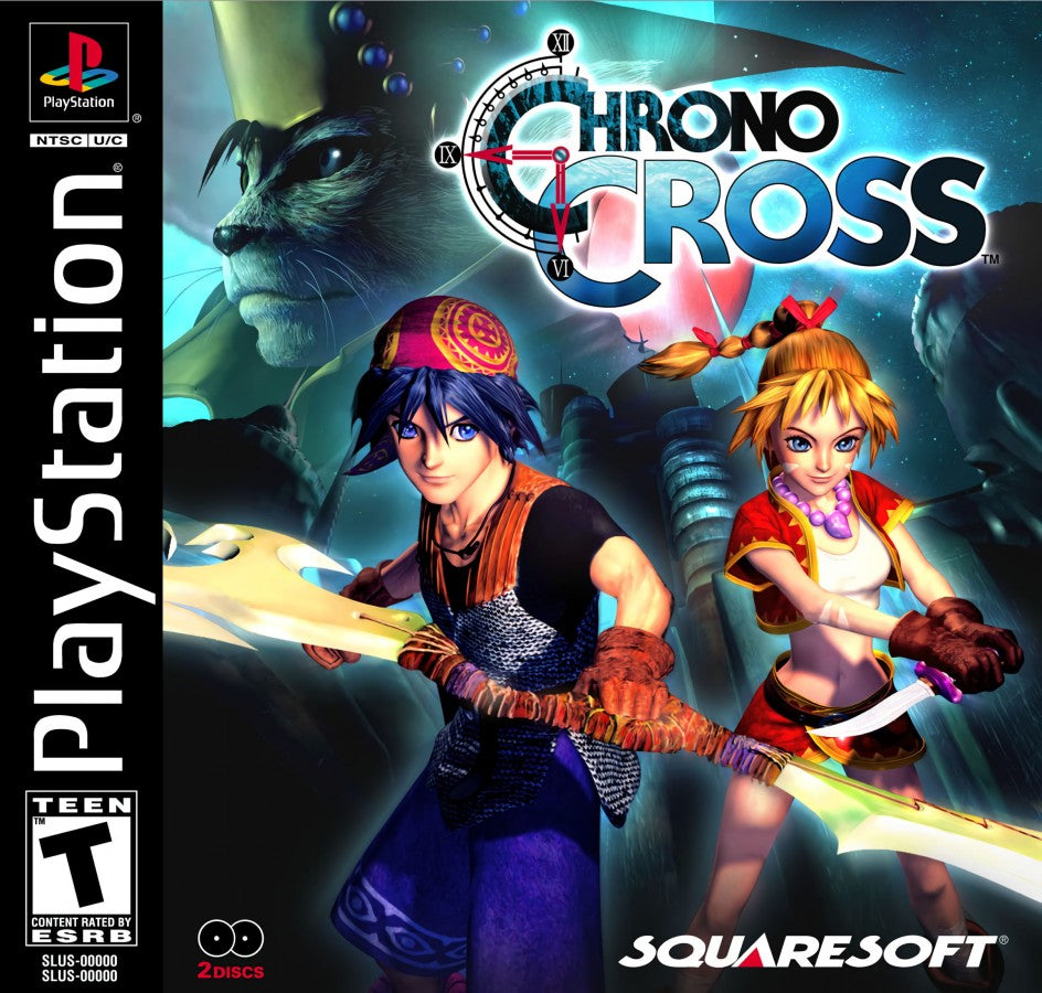 Retro Chrono Cross PS1 inspired design featuring classic JRPG fantasy aesthetic vintage PlayStation adventure surreal parallel worlds ensemble cast magical realism vibrant ocean island setting iconic Squaresoft storytelling nostalgic role playing game presentation cover art