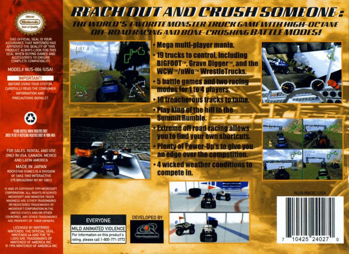 Monster Truck Madness back cover art for Nintendo 64 N64 video game