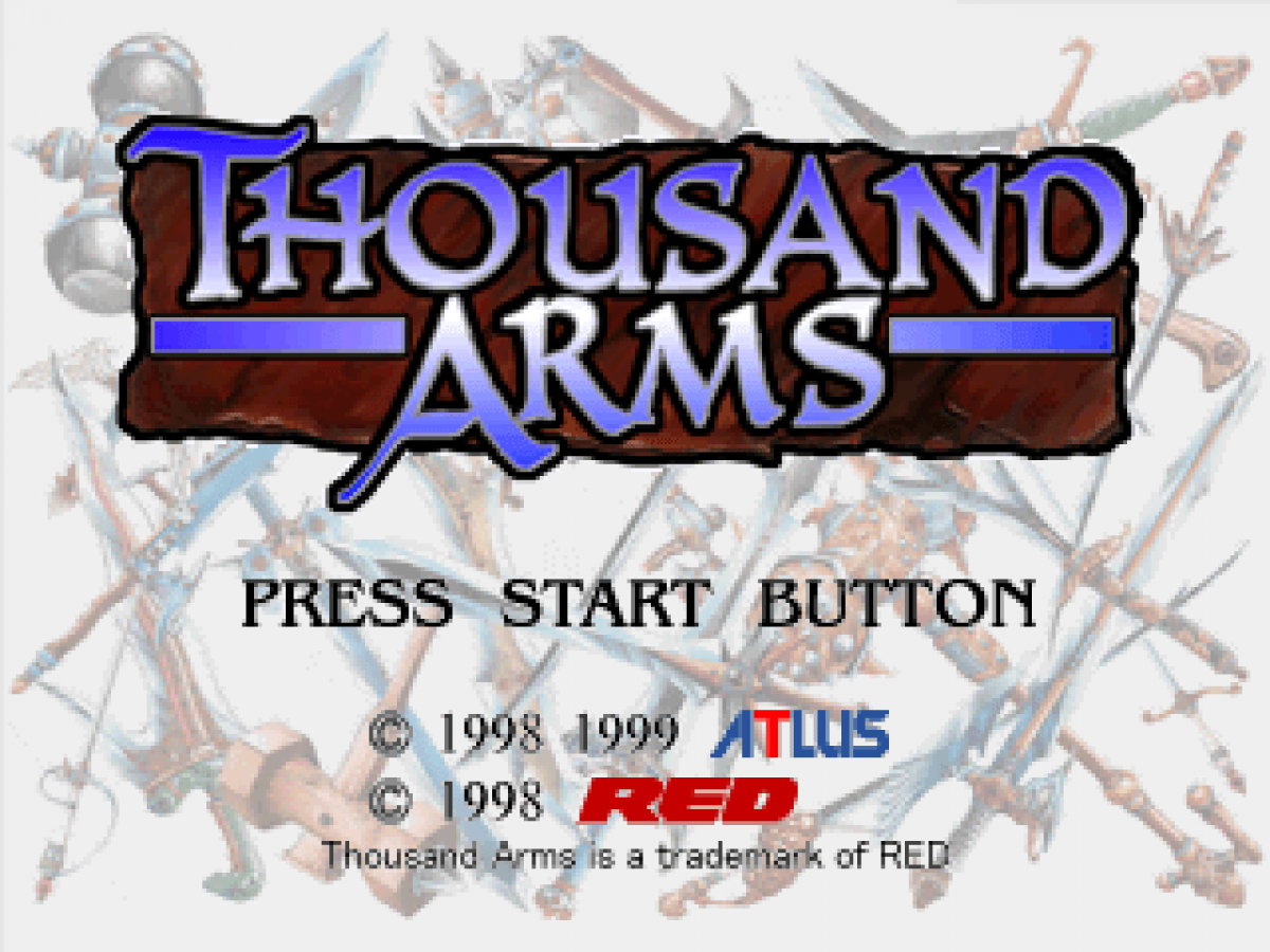 Thousand Arms PlayStation 1 PS1 turn-based RPG dating sim hybrid cel shaded anime style weapon forging system romance routes multiple endings title screen