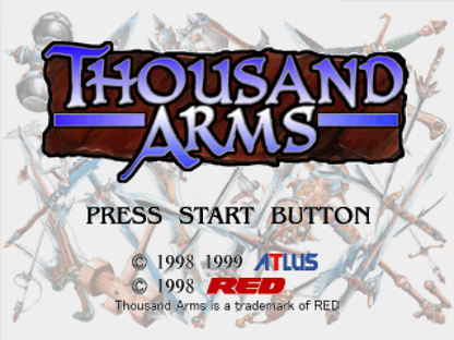 Thousand Arms PlayStation 1 PS1 turn-based RPG dating sim hybrid cel shaded anime style weapon forging system romance routes multiple endings title screen