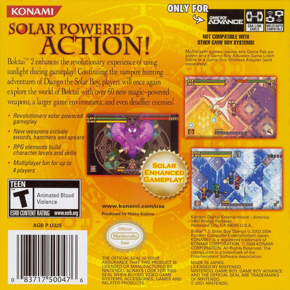Boktai 2: Solar Boy Django for Game Boy Advance action RPG featuring solar sensor cartridge sunlight gameplay vampire hunting stealth elements sequel to Boktai series back cover art