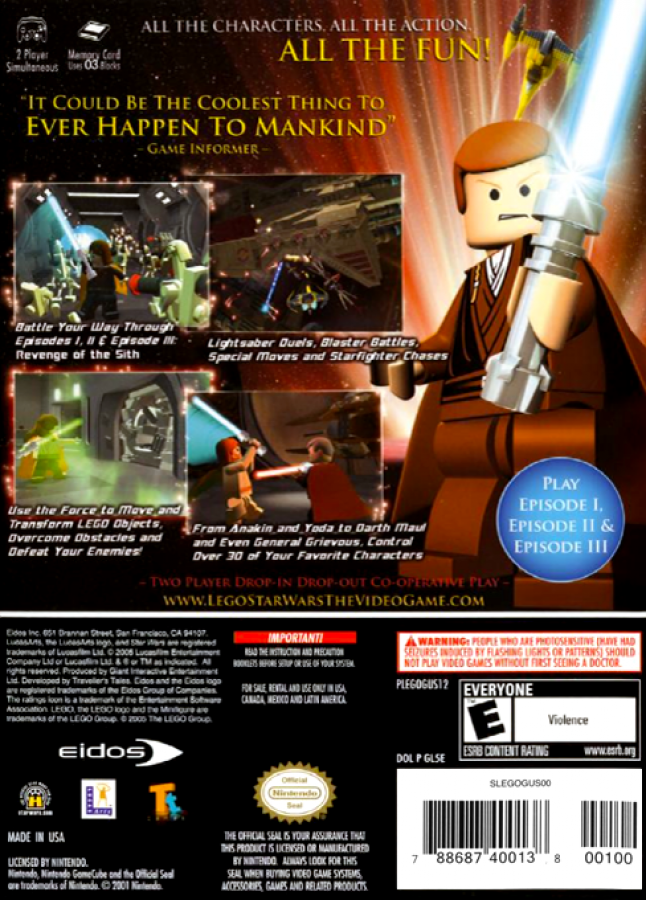 LEGO Star Wars The Video Game Player’s Choice for GameCube, back of case for an action-adventure platformer video game with Star Wars characters, cooperative gameplay, puzzle-solving, and family-friendly LEGO action