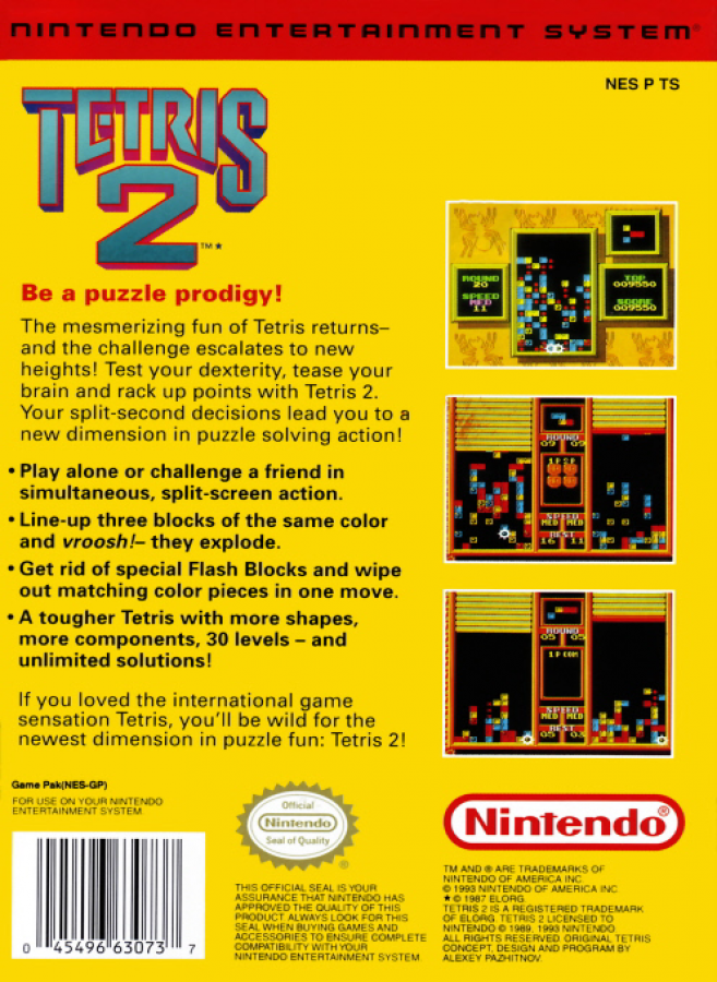 Tetris 2 back of box for Nintendo Entertainment System (NES) retro video game