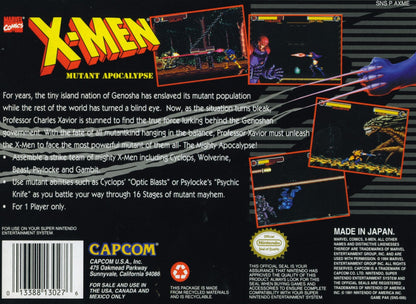 X-Men Mutant Apocalypse for Super Nintendo action platformer featuring Wolverine Cyclops Gambit Psylocke and Beast battling Apocalypse with comic inspired combat and side scrolling gameplay back cover art 
