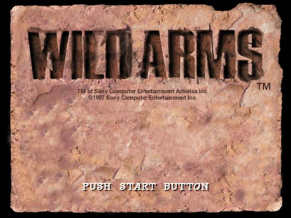 Wild Arms PlayStation 1 PS1 for role playing adventure retro video game fans featuring turn based battles Wild West fantasy exploration dungeon puzzles magical abilities memorable characters epic storytelling collectible gaming appeal title screen
