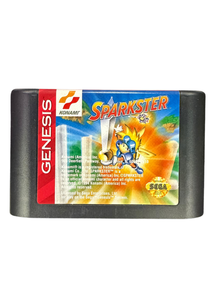 Sparkster Sega Genesis for retro video game enthusiasts featuring side scrolling action platforming gameplay rocket powered knight adventures fast paced combat colorful fantasy worlds challenging boss battles classic 16 bit gaming and collectible gaming appeal cartridge front