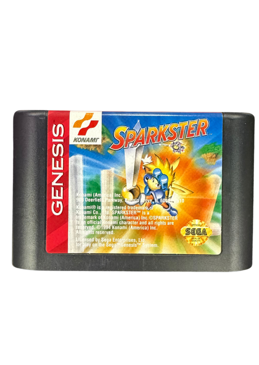 Sparkster Sega Genesis for retro video game enthusiasts featuring side scrolling action platforming gameplay rocket powered knight adventures fast paced combat colorful fantasy worlds challenging boss battles classic 16 bit gaming and collectible gaming appeal cartridge front