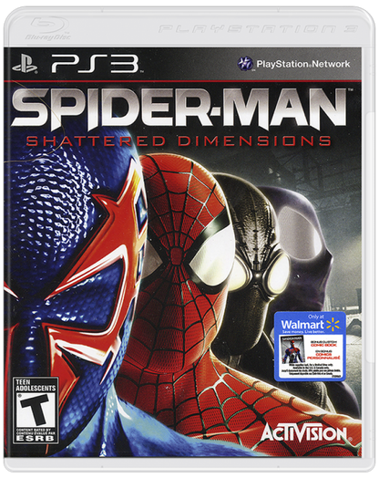 Spider-Man Shattered Dimensions PlayStation 3 action beat 'em up video game four Spider-Men universes Amazing Noir 2099 Ultimate Noir stealth Amazing brawler 2099 sci-fi Ultimate black suit collectibles boss battles cover art