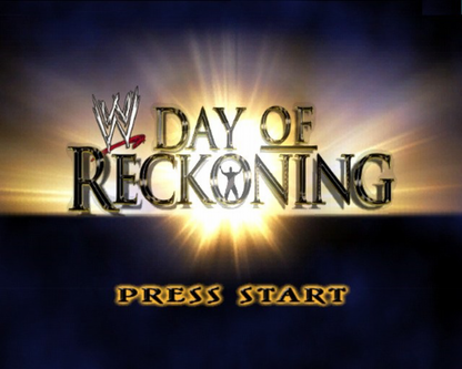 Ttile screen for WWE Day of Reckoning GameCube GC video game, professional wrestling, fighting simulation, multiplayer, sports entertainment, Nintendo GameCube title