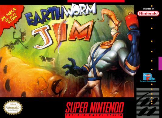 Earthworm Jim cartridge for the Super Nintendo Entertainment System featuring 16 bit side scrolling platformer action with quirky humor weapon based combat and vibrant cartoon style levels as Earthworm Jim battles enemies to save the galaxy front cover