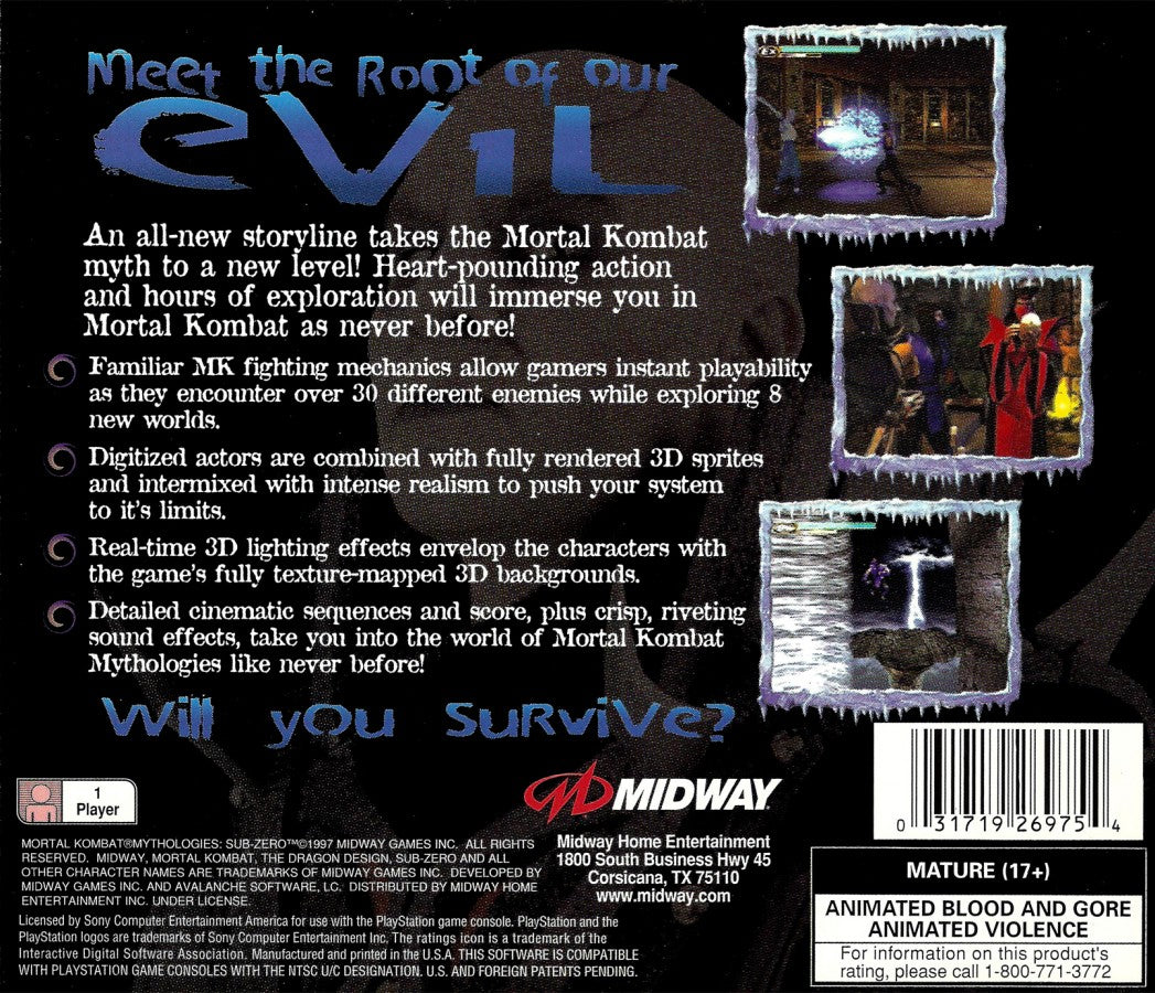 Mortal Kombat Mythologies: Sub-Zero PlayStation 1 PS1 for action adventure retro video game fans featuring martial arts combat side scrolling platforming Mortal Kombat characters ninja abilities challenging enemies dark fantasy environments collectible gaming appeal back of case