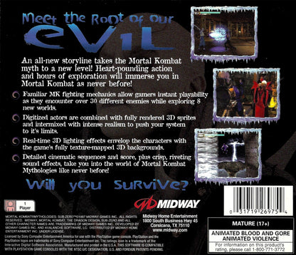 Mortal Kombat Mythologies: Sub-Zero PlayStation 1 PS1 for action adventure retro video game fans featuring martial arts combat side scrolling platforming Mortal Kombat characters ninja abilities challenging enemies dark fantasy environments collectible gaming appeal back of case