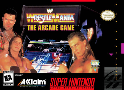 WWF WrestleMania The Arcade Game for Super Nintendo arcade style wrestling fighting game featuring WWF superstars exaggerated moves combos and versus battles cover art 