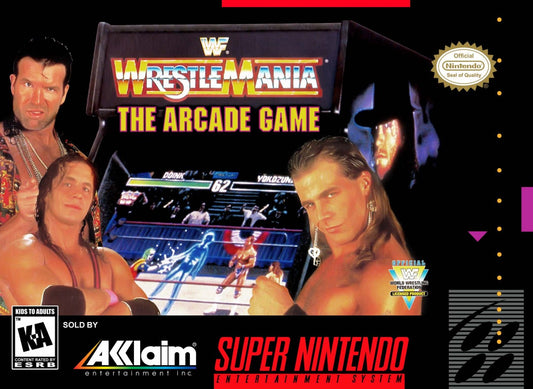 WWF WrestleMania The Arcade Game for Super Nintendo arcade style wrestling fighting game featuring WWF superstars exaggerated moves combos and versus battles cover art 