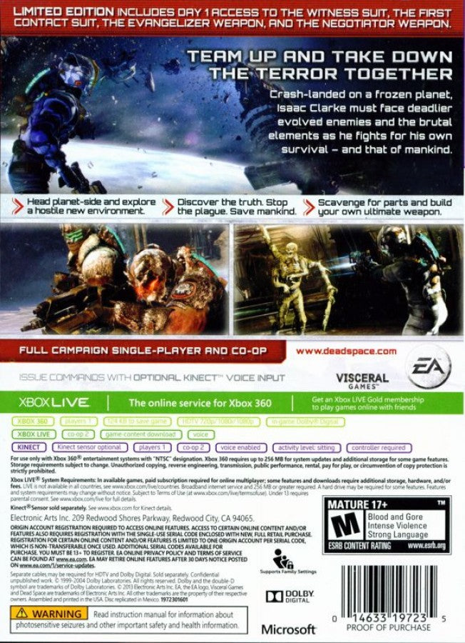 Dead Space 3 [Limited Edition] back of case for Xbox 360 (X360) survival horror video game