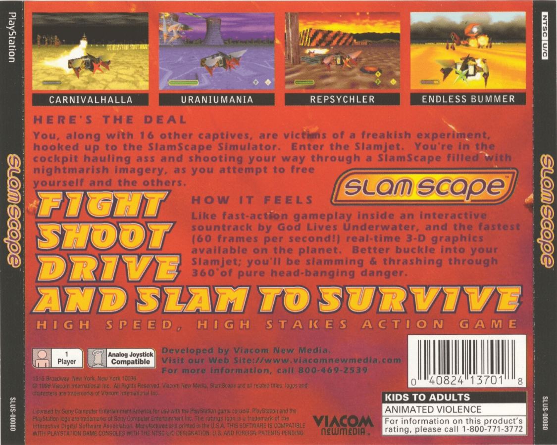SlamScape back of case for PlayStation 1 (PS1) action vehicle combat video game