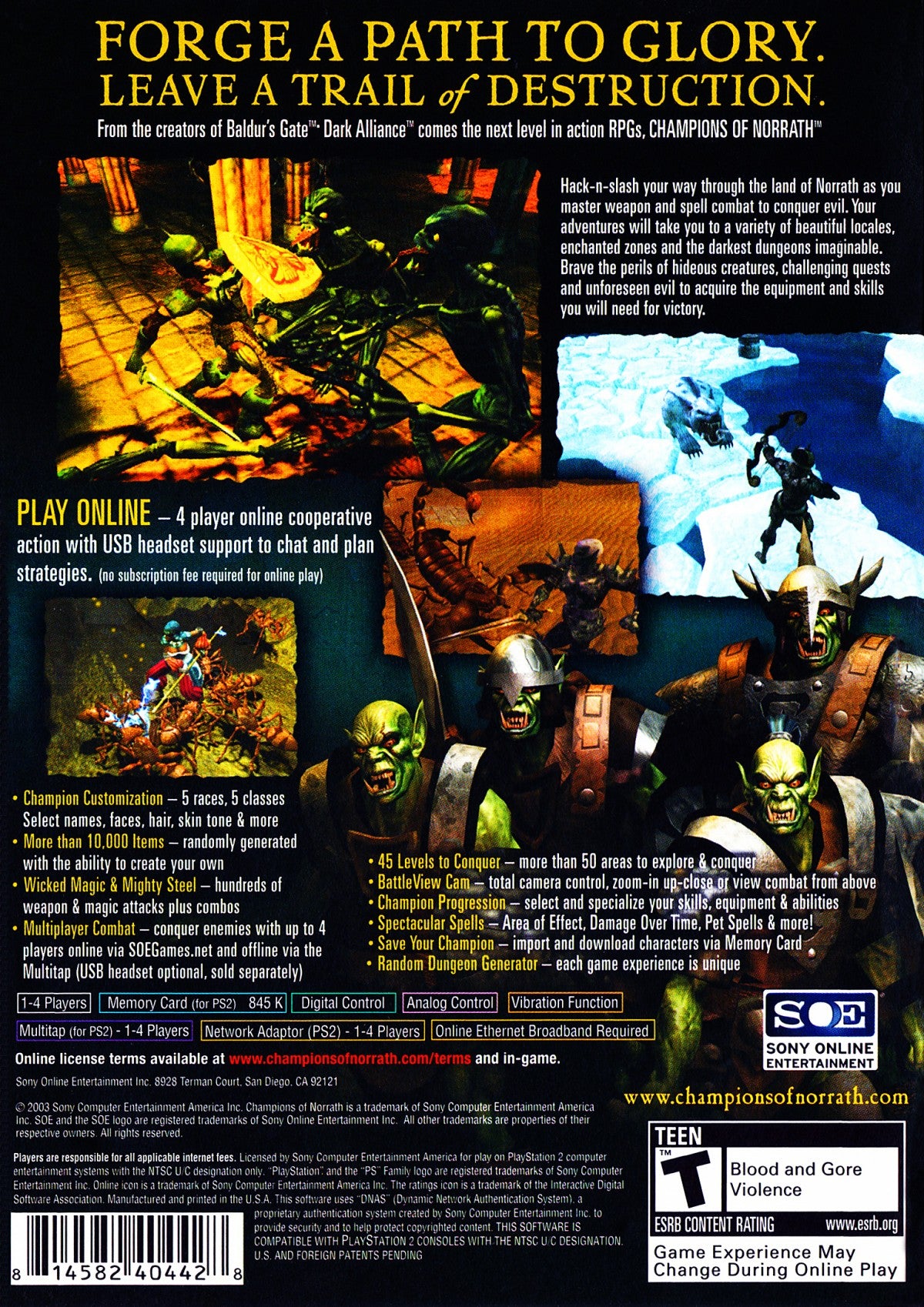 Champions of Norrath for PlayStation 2 with fantasy action-RPG and cooperative dungeon-crawling theme back cover art