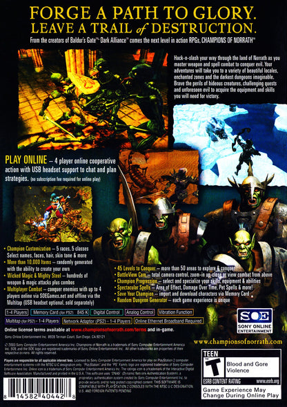 Champions of Norrath for PlayStation 2 with fantasy action-RPG and cooperative dungeon-crawling theme back cover art