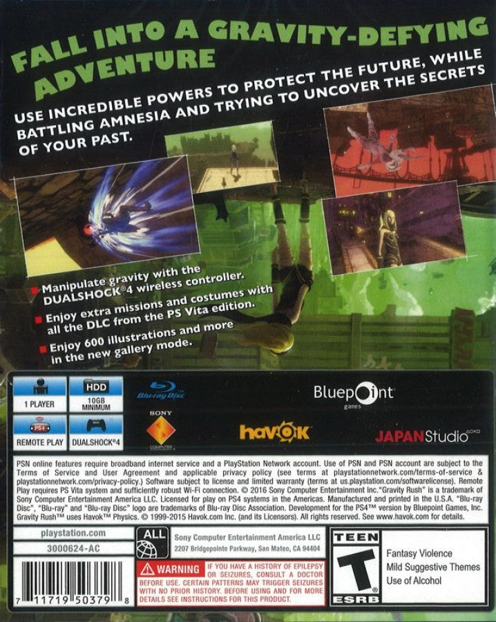 Gravity Rush: Remastered – PlayStation 4 (PS4) video game back of case, enhanced action-adventure gravity-shifting game