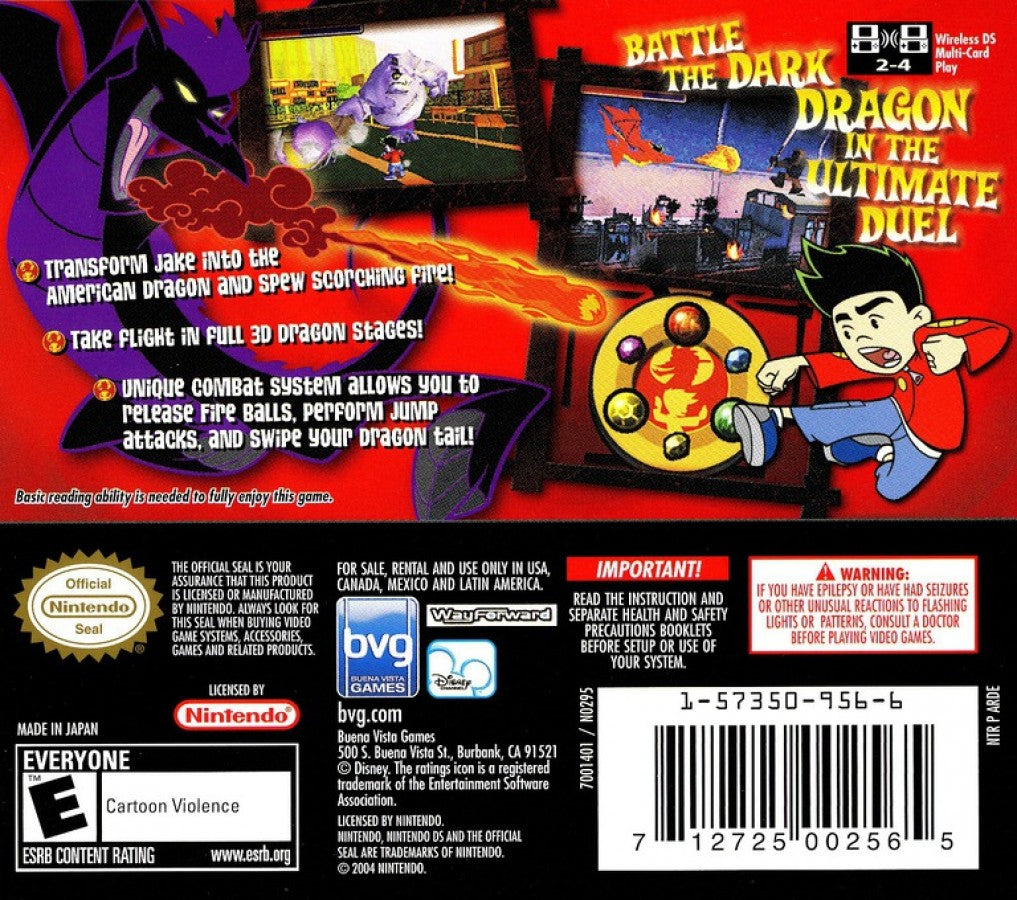 American Dragon Jake Long Attack of the Dark Dragon Nintendo DS action platformer with dragon transformations combat and levels based on the animated series back cover