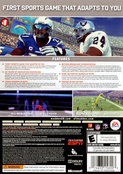 Madden NFL 2009 Xbox 360 video game, American football sports simulation, realistic gameplay, franchise and multiplayer modes, console title back cover