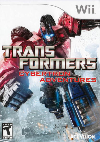 Transformers: Cybertron Adventures cover art for Nintendo Wii (Wii) featuring rail‑shooter combat with Autobots and Decepticons, cinematic missions, and battles set on Cybertron.