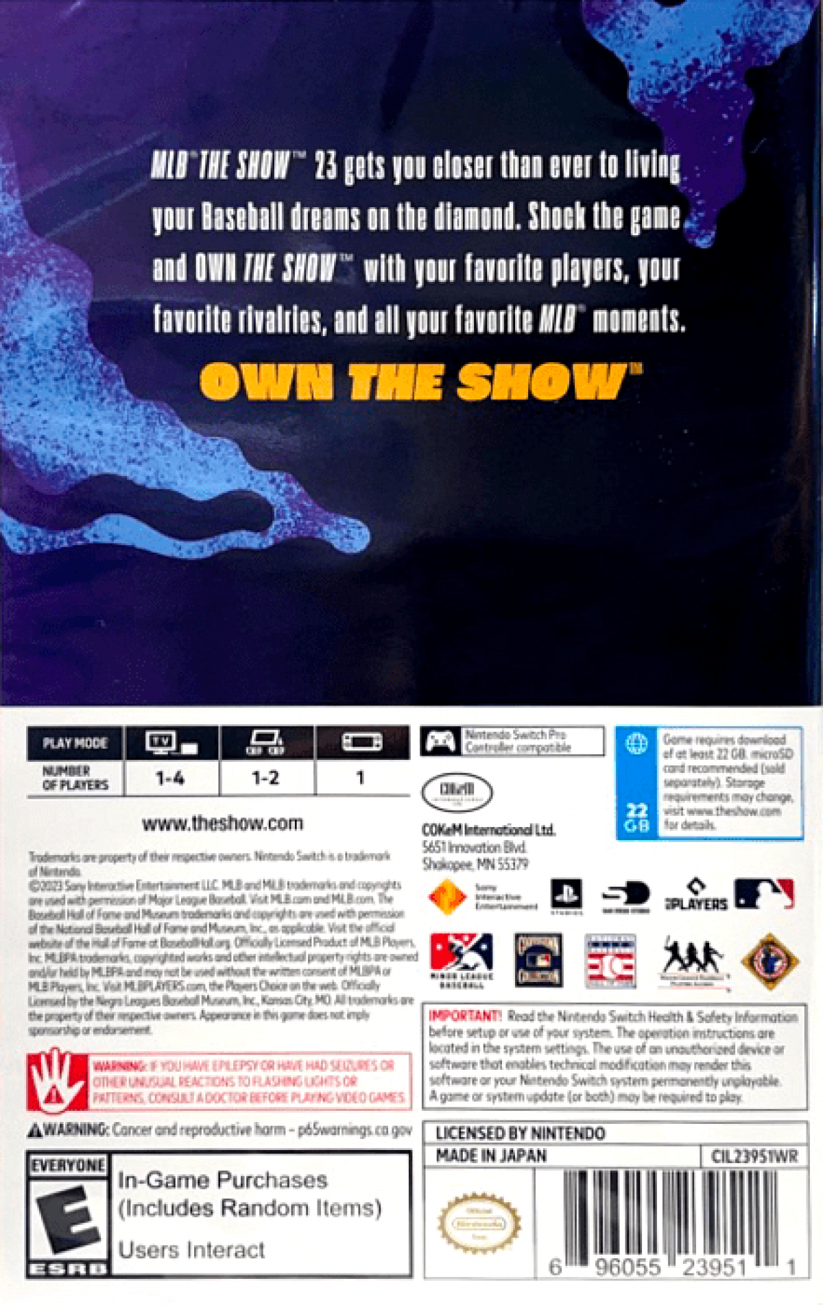 MLB The Show 23 back of box for Nintendo Switch (NS) baseball video game