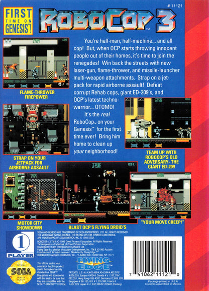 RoboCop 3 Sega Genesis GEN for retro video game enthusiasts featuring action shooter gameplay side scrolling combat futuristic law enforcement missions explosive weapon action cybernetic hero challenges movie inspired adventure and collectible gaming appeal back cover