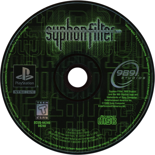 Syphon Filter PlayStation 1 PS1 for retro video game enthusiasts featuring third person action shooter gameplay stealth espionage missions tactical combat cinematic storytelling military operations varied mission objectives and collectible gaming appeal disc