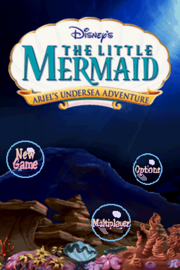 Disney’s The Little Mermaid Ariel’s Undersea Adventure Nintendo DS video game, action platformer, underwater adventure gameplay, family-friendly handheld console title main menu title screen