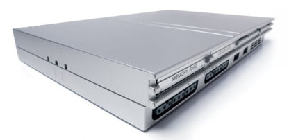 Silver Sony PlayStation 2 Slim console retro gaming system side view