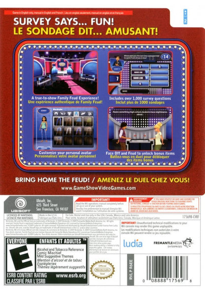 Family Feud 2010 Edition Wii video game featuring interactive party trivia gameplay based on the classic Family Feud, customizable contestant play local multiplayer buzzing in survey questions and casual family friendly competition designed for Nintendo Wii motion controls. back cover